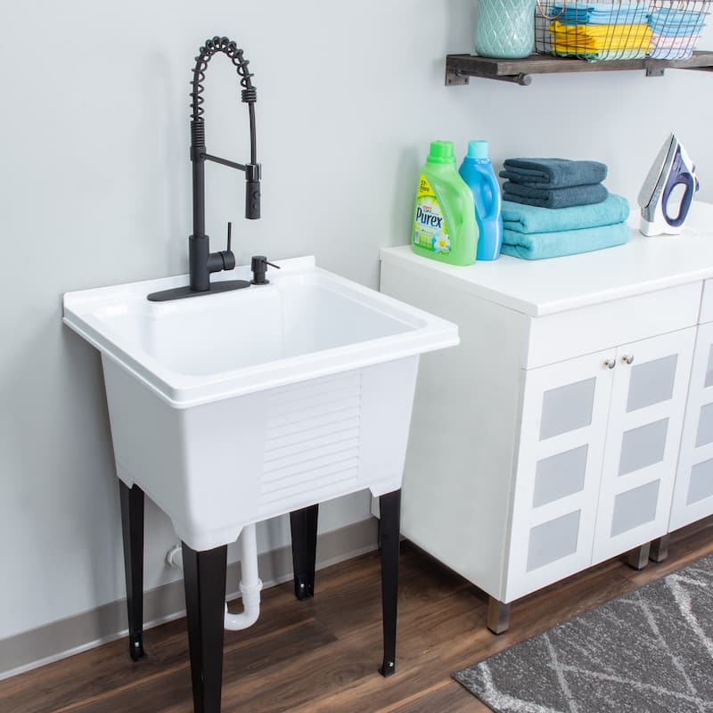 TEHILA Glossy White Utility Sink Laundry Tub with High Arc Coil Faucet