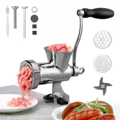 Silver Stainless Steel Manual Meat Grinder with Clamp anad Sausage Kit - 11.4 x 3.4 x 9.7 inch