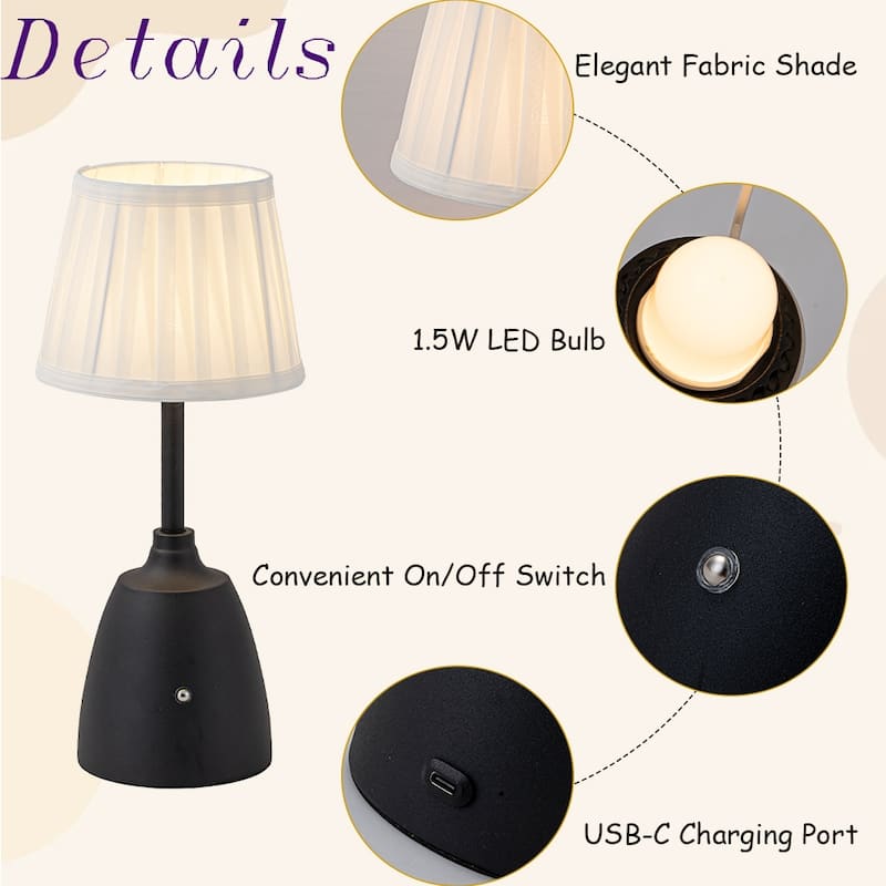 14'' Classic Fabric Shade Rechargeable LED Table Lamp Touch Control Cordless USB Nightstand Lamp with Stepless Dimming(2 Pack)