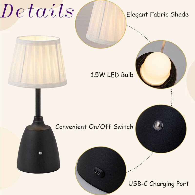 Classic Rechargeable LED Table Lamp with Fabric Shade Touch Control USB Cordless Nightstand Light for Nightstand Room - W6.3‘’