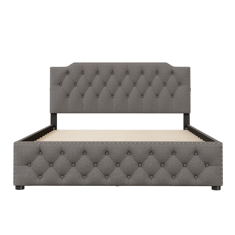 Queen Linen Upholstered Platform Bed with Tufted Headboard, 2 Drawers