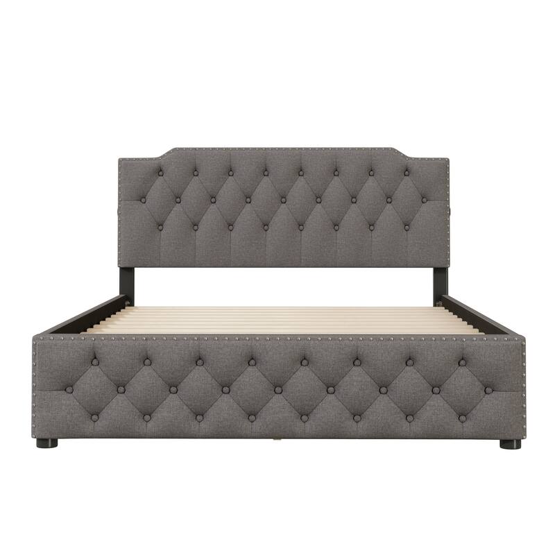 Queen Size Linen Fabric Upholstered Bed w/ 2 Drawers Storage Bed, 2 USB Ports on Platform Bed No Box Spring Needed Easy Assembly