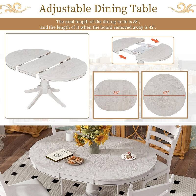 Wooden Round Drop Leaf Extendable Dining Table Set with 4 Upholstered Chairs