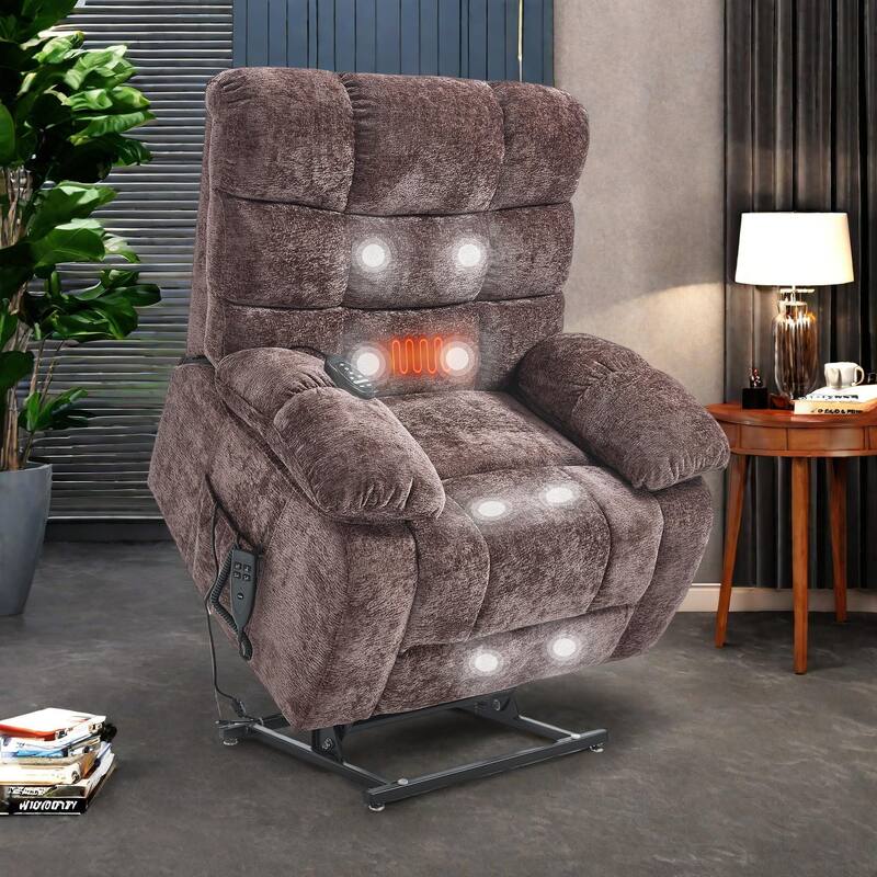 Oversized Chenille Power Lift Recliner Chair with Massage and Lumbar Heating, Charging Port, 180° Lying Flat