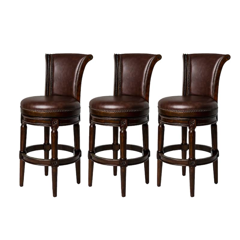 Maven Lane 31" Pullman Swivel Bar Height Kitchen Stool - Set of 3 - Dark Walnut Vegan Leather
