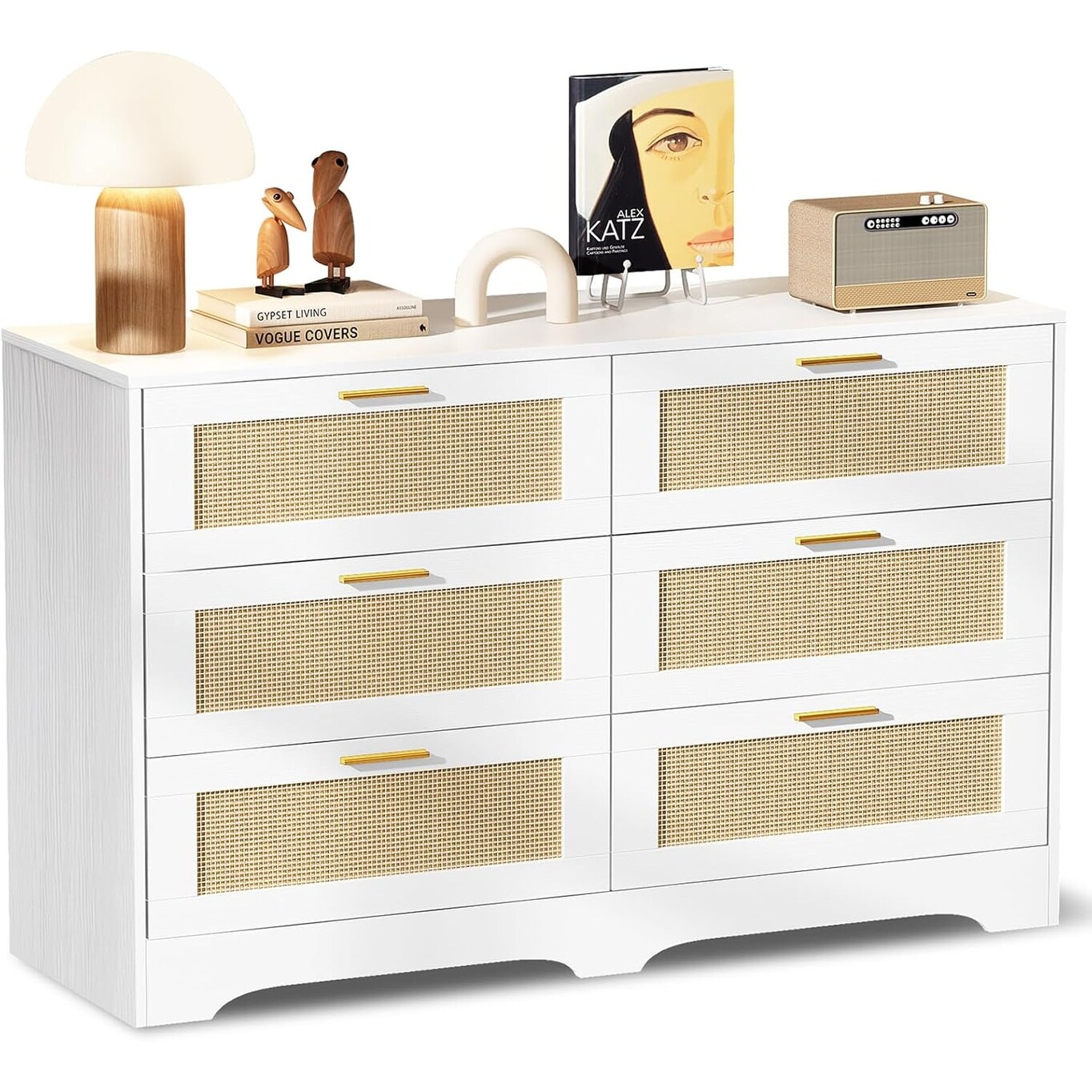 White Rattan 6-Drawer Dresser with Golden Handles, Wood Storage Chest for Bedroom, Living Room, and Entryway