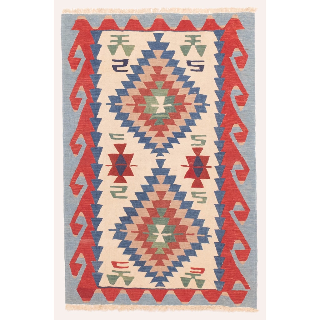 ECARPETGALLERY Flat-Weave Bold and Colorful Cream Wool Kilim - 3'8 x 5'7