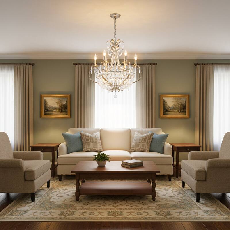 9-Light 24.4" W Crystal Chandelier in Antiqued Brushed Silver with Teardrop Pendants for Use in Living & Dining Room