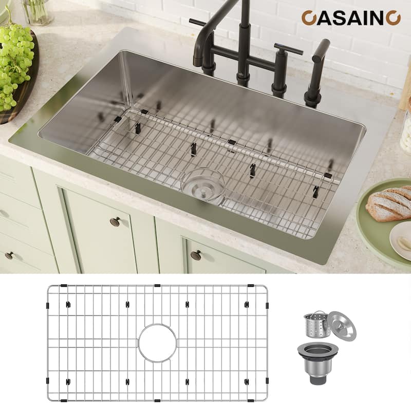 33 in. Drop-in Single Bowl 18 Gauge Brushed Stainless Steel Kitchen Sink with Bottom Grid and Basket Strainer, cUPC Certified