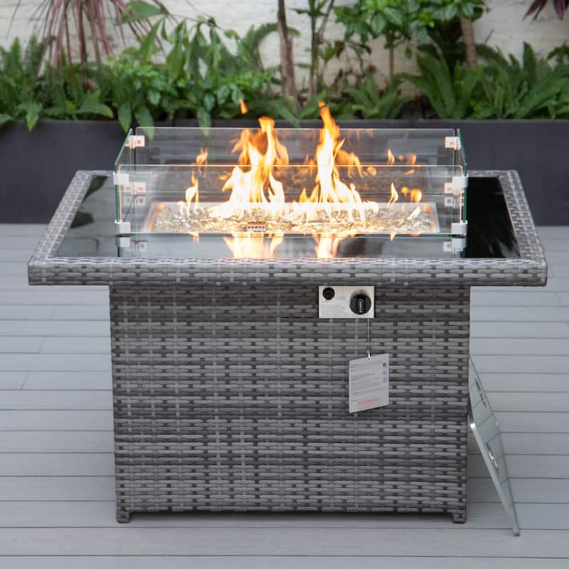 LeisureMod 44" Outdoor Fire Pit Table with 55,00 BTU - Rectangular Wicker Rattan Table for Lounge Porch Backyard Patio Decor - Grey