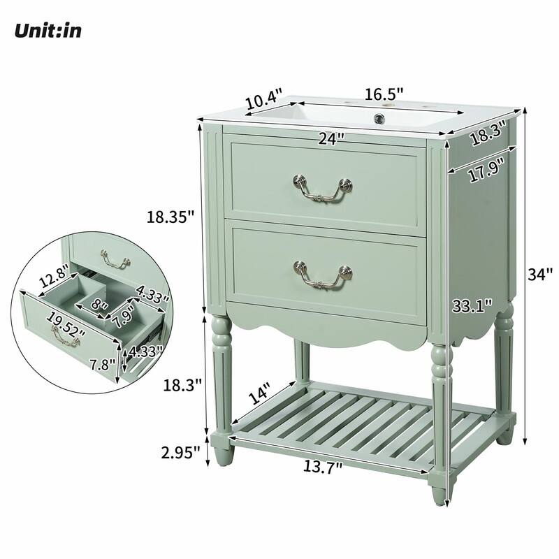 24'' Vintage Bathroom Vanity with Ceramic Sink, Freestanding Cabinet with 2 Drawers, Open Shelf