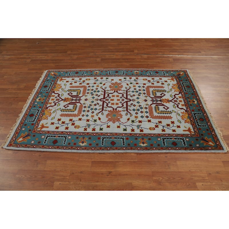 Hand Knotted Oriental 100% Wool Carpet Transitional Floral Navy Blue & Blues Oushak Area Rug - 5' 11'' X 4' 0''