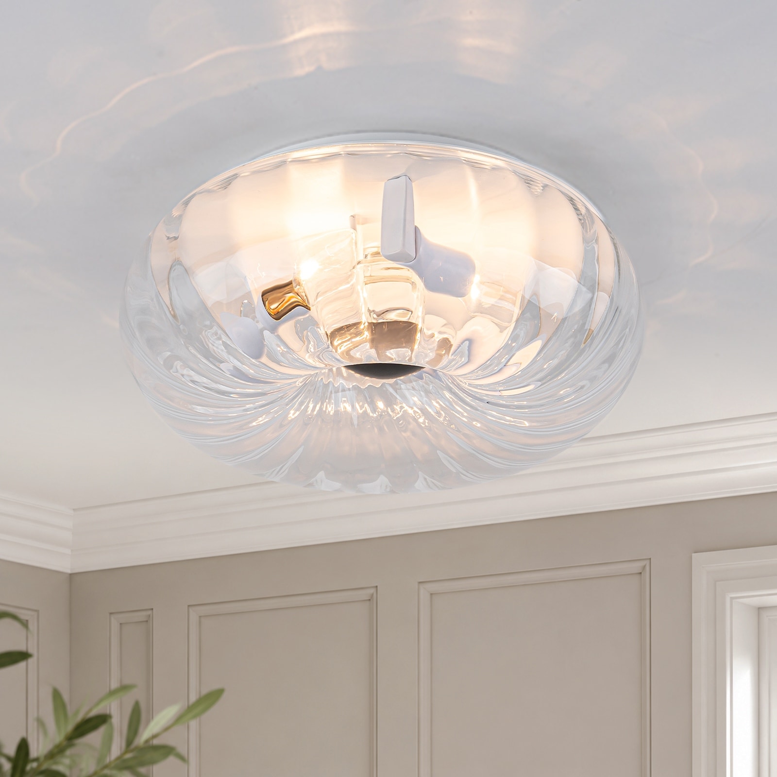 3 Light Flush Mount Ceiling Light Clear Glass Shade White Fixture - 3-Light