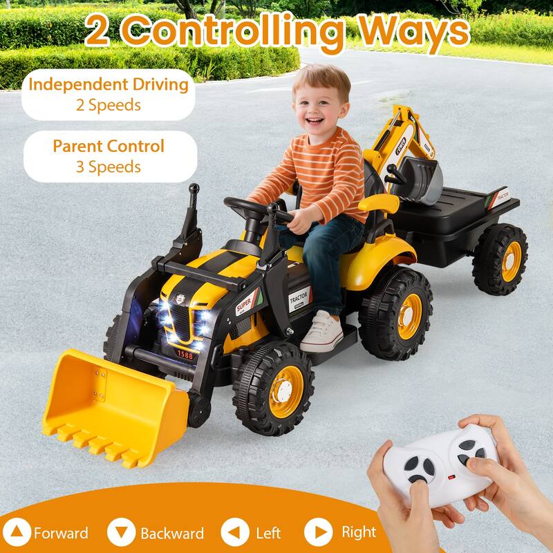 Gymax 4 in 1 Ride on Tractor Excavator & Bulldozer for Kids Trailer