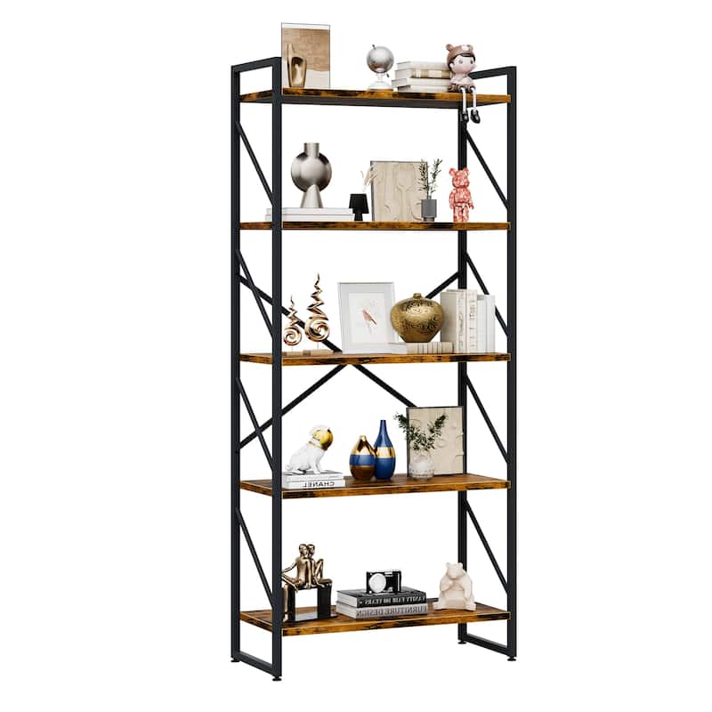 H-Shaped 5-Tier Storage Bookcase, 62.2" Tall Standing Bookshelf with Adjustable Feet