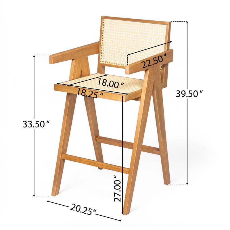 Roomfitters Modern Minimalist Bar Stool with Cane Seat and Solid Wood Frame, Set of 2