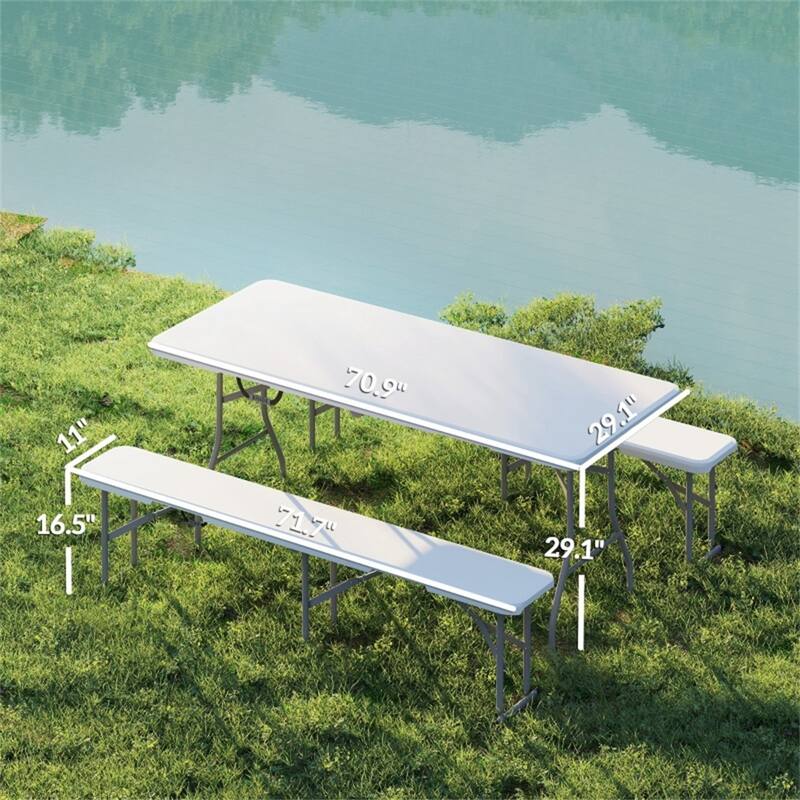3-Piece Folding Table and Bench Set Metal Frame Indoor Outdoor Portable Picnic Furniture - 70.9" L x 29.1" W x 29.1" H
