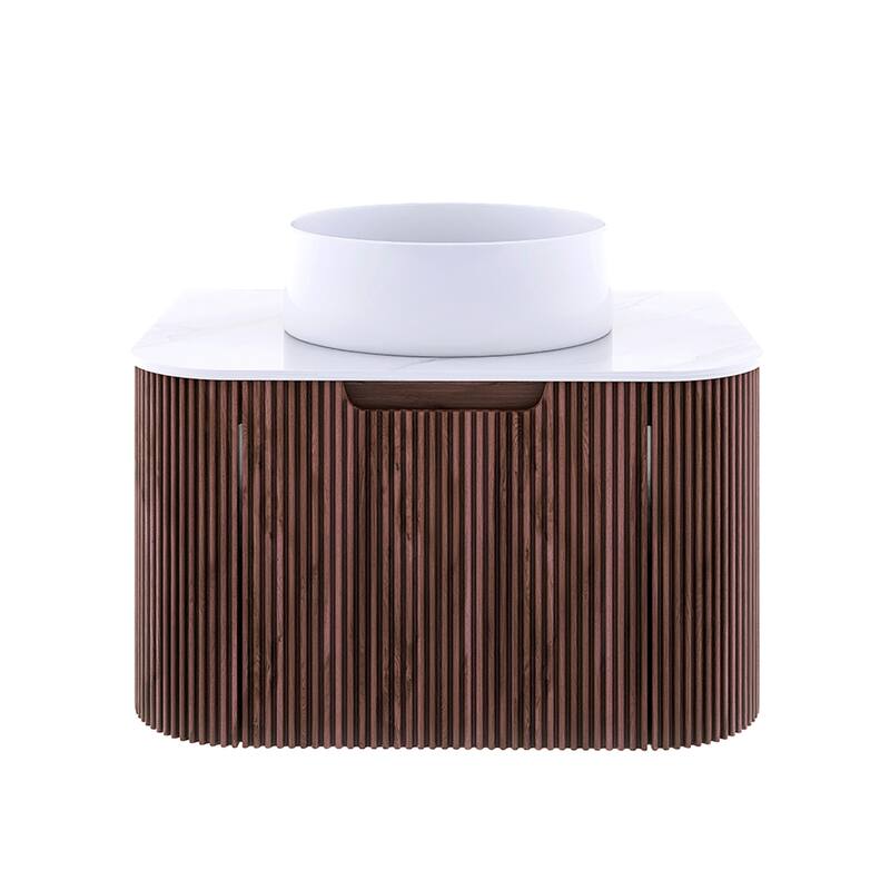Plywood Wall-Mounted Bathroom Vanity Set with Integrated Ceramic Sink in Natural Wood