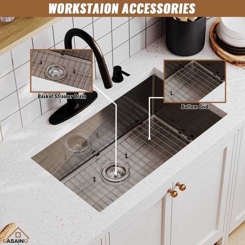 Stainless Steel Sink 16-Gauge Single Bowl Undermount Kitchen Sink in Brushed with Bottom Grid and Drainer