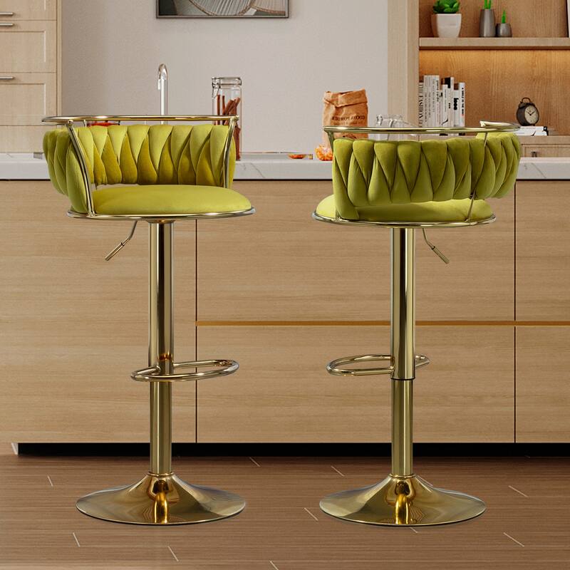 Set of 2 Velvet Adjustable Swivel Bar Stools - Gold/Olive Drab