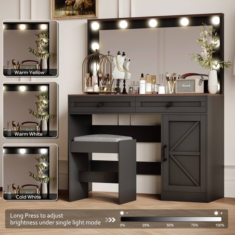 43.4" Vanity Table with 3 Drawers & Large Mirror, 11 LED Lights & Adjustable Brightness(Stool Included)