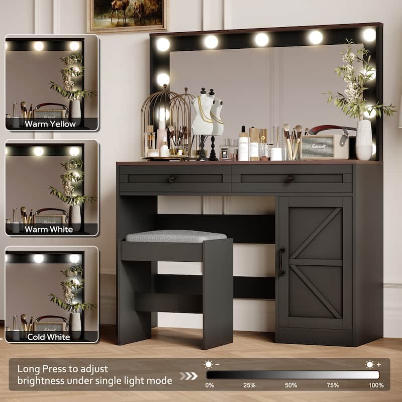 Homy Casa 43.4" Makeup Vanity Table with LED Light & 3 Drawers