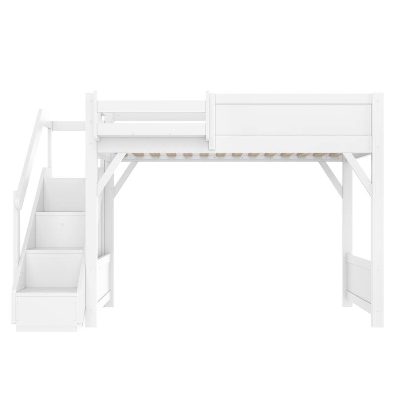 Twin Size Loft Bed with Built-in Wardrobe and Storage Space, Solid Wood Loft Bed with Beside Shelves