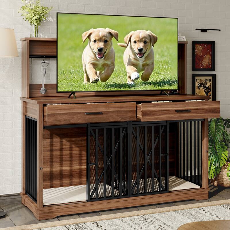 55.1" Dog Crate Furniture, Dog Cage Table with 2 Storage Drawers and Shelves, TV Stand Side End Table