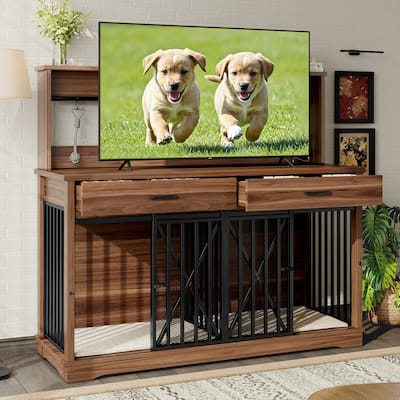 55.1" Dog Crate Furniture for Large or 2 Medium Dogs, Heavy Duty Dog Cage Table with 2 Storage Drawers and Shelves