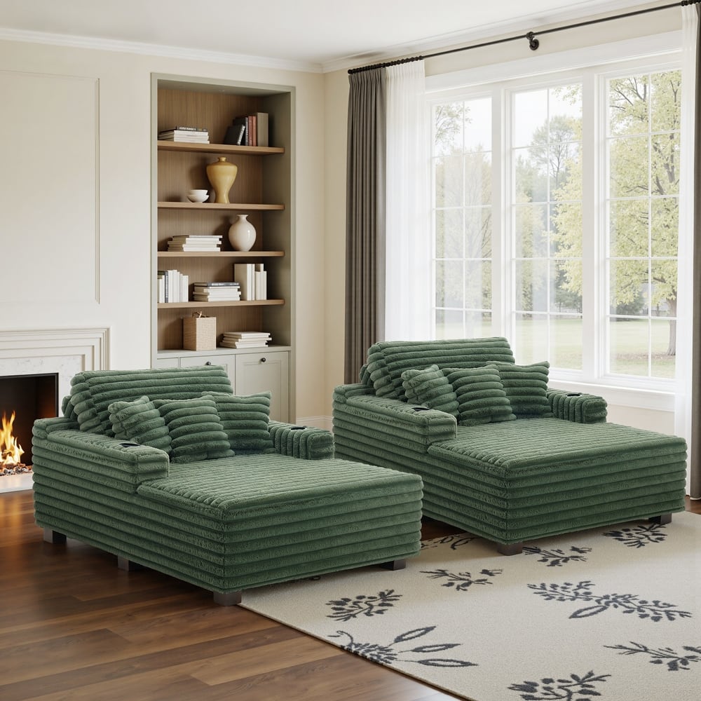 53"W Oversized Plush Fur-Like Chaise Lounge Sofa with Cup Holder