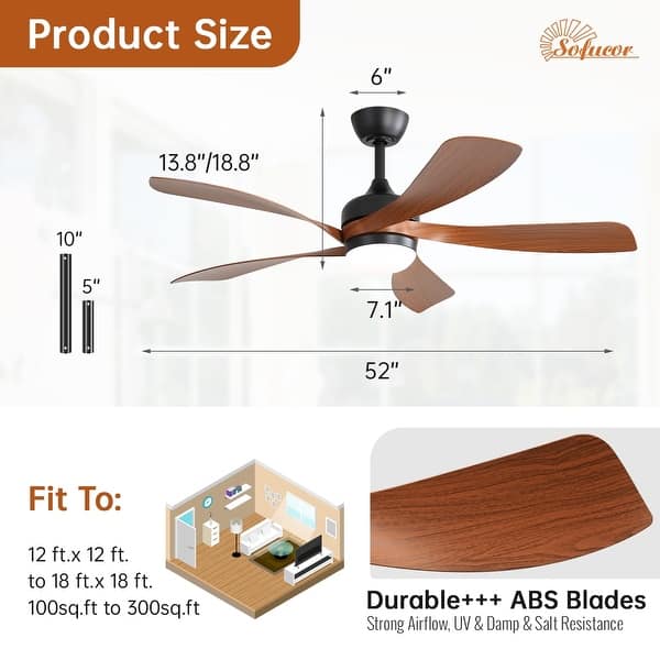 dimension image slide 4 of 10, Sofucor 45/52 Inch Ceiling Fan with Remote & Lights Quiet DC Motor 5 Blade High CFM Modern Fan