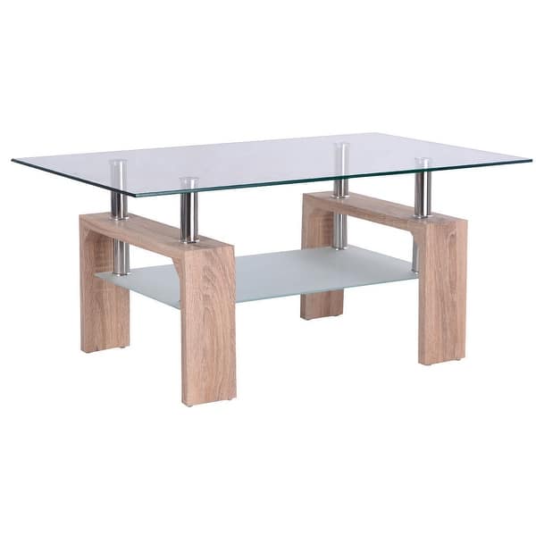 Shop Costway Rectangular Glass Coffee Table Wood W Shelf Tea