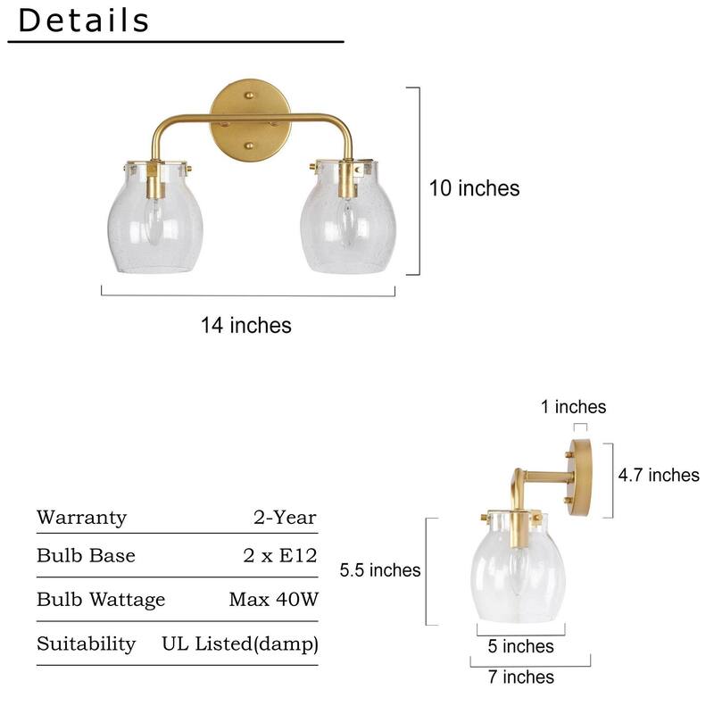 Modern 2-Light Gold Bathroom Vanity Lights Globe Wall Lighting with Seeded Glass - 14" L x 7" W x 10" H