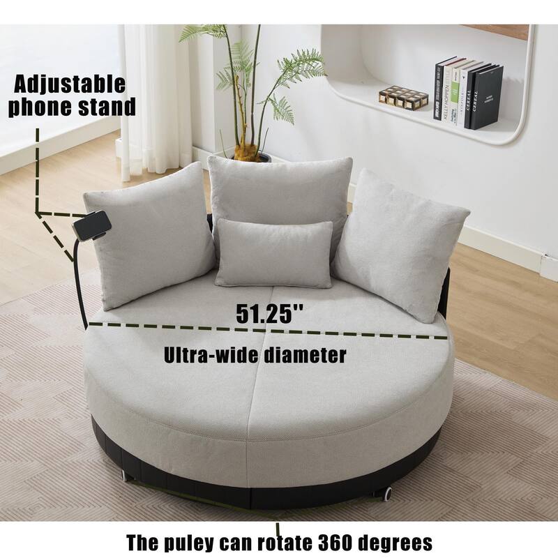 52.75" W Oversized Round Accent Chair 360° Swivel Barrel Chair with Wheels & Adjustable Phone Stand