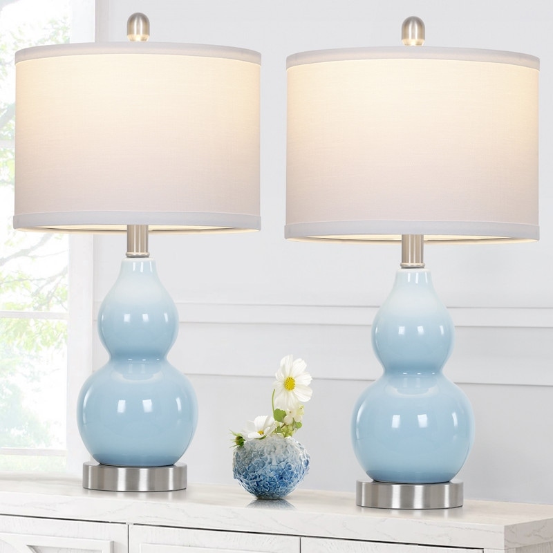 22'' Modern Blue Ceramic Table Lamp with Nickel Accents and Linen Drum Shade(Set of 2) - 11'' x 11'' x 22''