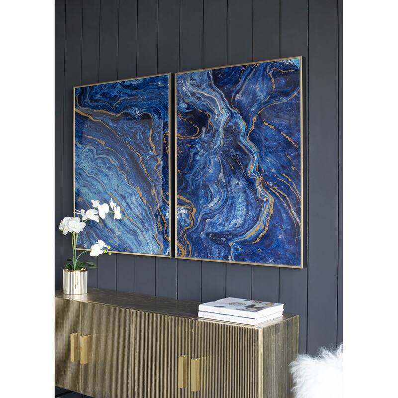 Set of 2, Modern Wall Decor Blue and Gold Framed Art Panels with Unique Marbled Design, for Home and office