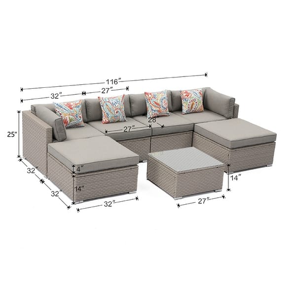 dimension image slide 4 of 6, COSIEST 7-Piece Outdoor Patio Wicker Sectional Sofa with Coffee Table
