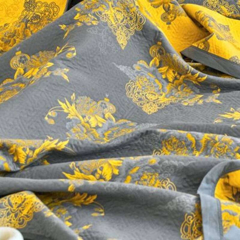 Floral Reverisible Cotton Throw Blanket Yellow & Gray