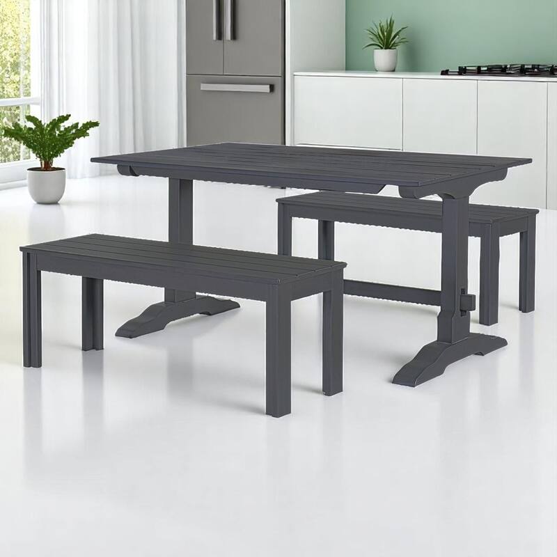 3-Piece Retro Dining Set, Rectangular Trestle Table and 2 Wood Benches, Vintage Dining Set for Dining Room or Kitchen - Grey