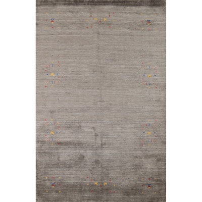 Tribal Gabbeh Area Rug Hand-Knotted Oriental Grey Wool Carpet - 5'5"x 7'7"