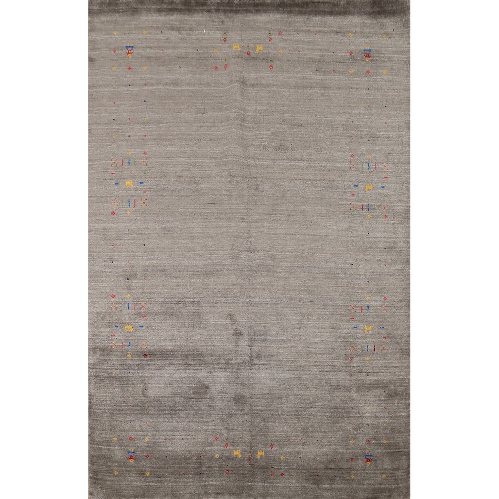 Tribal Gabbeh Area Rug Hand-Knotted Oriental Grey Wool Carpet - 5'5"x 7'7"