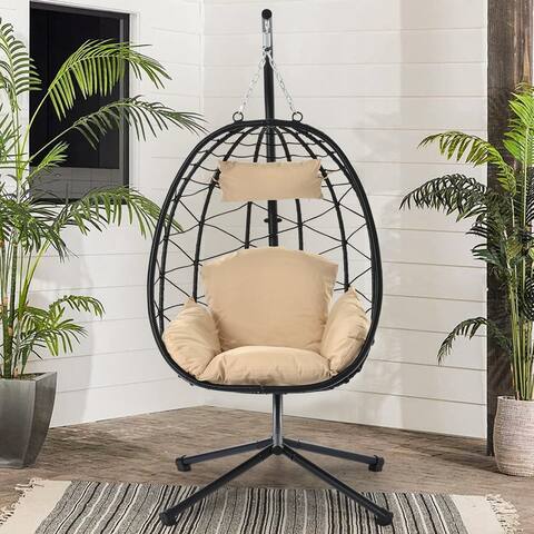 Wicker Egg Chair, Hanging Chair for Bedroom Indoor Outdoor, Swing Chair with Stand and UV Resistant Cushions