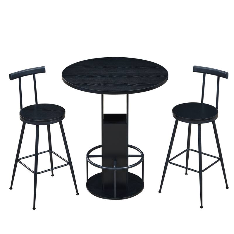3-Piece Bar Table and Stool Set 31.5-inch round bar table with two stools Compact wooden dining bar with metal ring footrest - Black