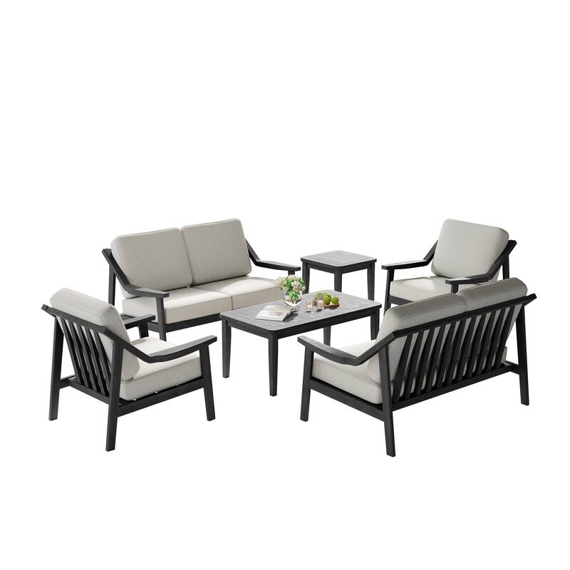 6-piece Wood Patio Chat Set Teak Conversation Set with Cushion
