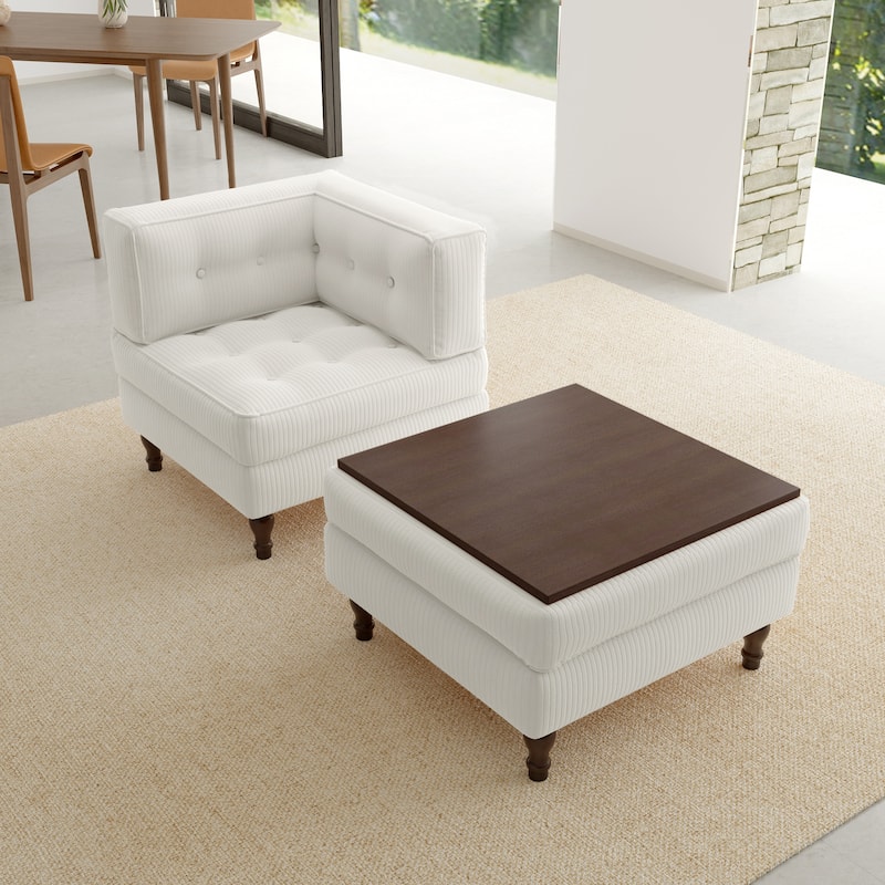 Corduroy Tufted Accent Chair Armchair and Ottoman Set