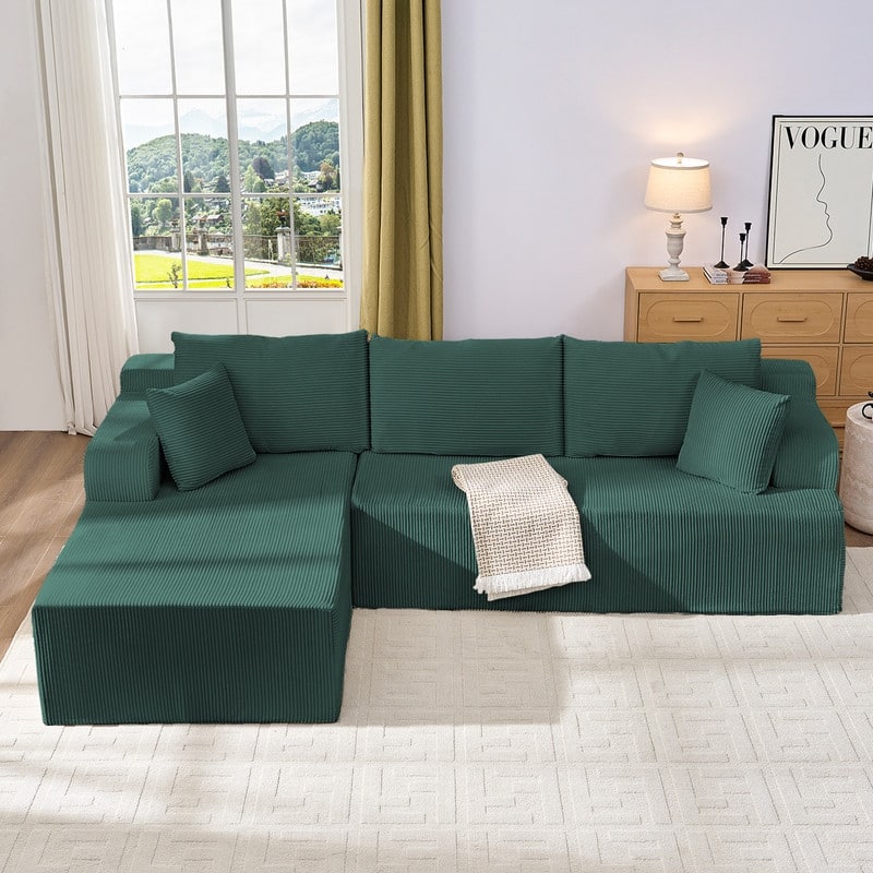 Mixoy 2-Pcs Free Combination Modular Sectional Sofas with Deep Seat,Corduroy L-Shaped Sofa with Chaise Lounge - 3-Seater