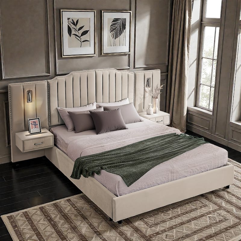 Modern Upholstered Bed Frame with Velvet Headboard, Vertical Channel Button Design, Integrated Nightstand, Platform Support - Beige - Queen