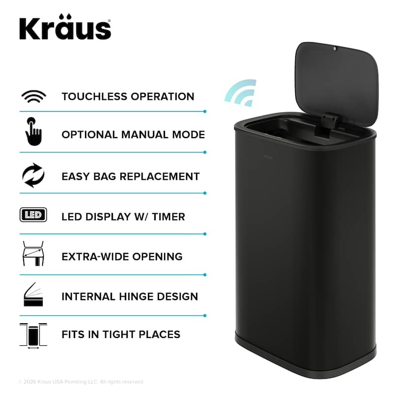 KRAUS WasteGuard 14.5 Gal 55 Liter Motion Sensor Kitchen Trash Can