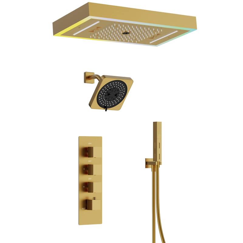 GRANDJOY Thermostatic LED Rain and Waterfall Shower System with Handheld, Ceiling-Mount Modern Design - Brushed Gold