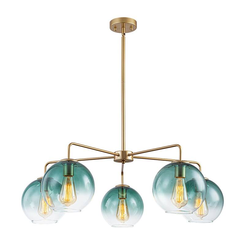 Mid-century 5-Light Glass Globe Bubble Round Chandelier - 35in Wide - Brass Finish + Green Glass